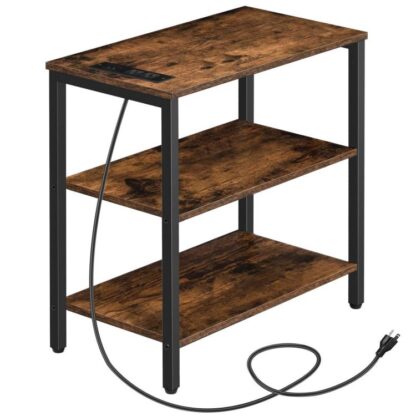 Side Table with Charging Station, Narrow End Table with USB Ports and Power Outlets, Nightstand with 3-Tier Storage Shelves, Suitable for Small Spaces, Living Room, Rustic Brown