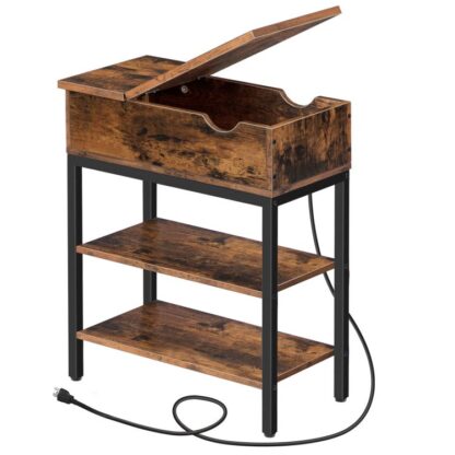 Sidebord med ladestasjon Slank flip sidebord med USB -porter og stikkontakter Sengebord med oppbevaring av sofabord for stue soverom enkel montering rustikk brun