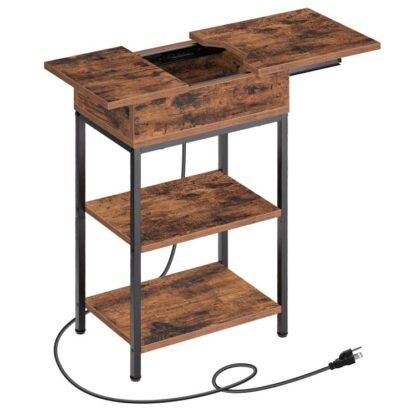 Sidebord med ladestasjon, Smale endebord med USB -porter og utsalgssteder, Nattbord for små mellomrom, Soverom, Stue, Kontor, Rustikk brun