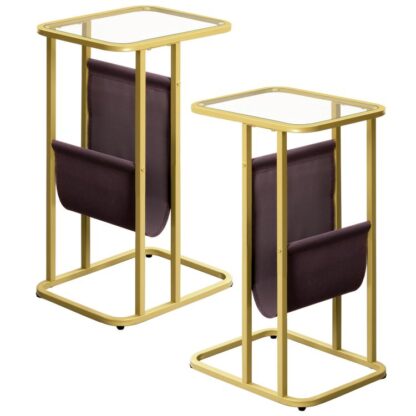C-vormige bijzettafel set van 2, Salontafel van gehard glas met metalen frame, TV-dienbladtafel met tijdschriftenhouder, Nachtkastje voor kleine ruimte, Smalle Snack Bijzettafel, Goud