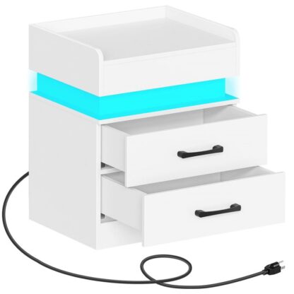 LED LED STIFT Z STACJĄ STACJĄ, stolik nocny z 2 kalesony, nowoczesny stół końcowy z przesuwanym topem, Biały stół boczny do sypialni, badanie, salon, biuro, biały