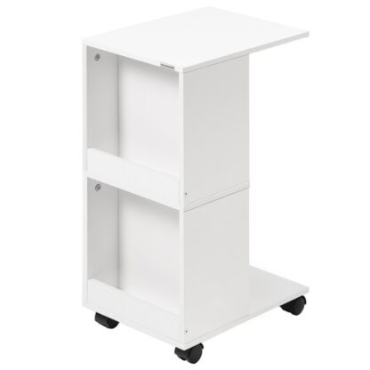 Mesa auxiliar en forma de C, Lado lateral para espacios pequeños, Mesita de noche estrecha con ruedas, Mesita de noche rodante con almacenamiento, 2 Ruedas bloqueables, para sala de estar dormitorio, Blanco