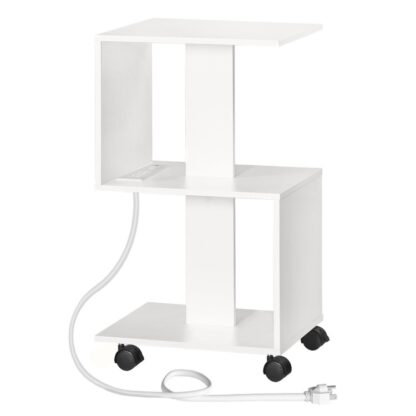 table de nuit étroite avec station de recharge, table de chevet blanche avec prises de courant et ports USB, table d'appoint en forme de S, 3-Tablette de nuit avec roues, pour la chambre, salon, blanc