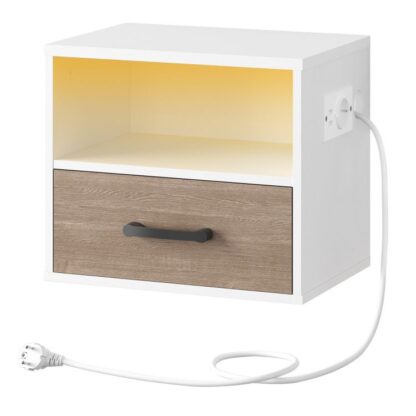 Hengende nattbord, Vegghylle nattbord med ladestasjon og skuff, Sengekabinett med LED -sensorlys, Sengebord, 1 Standard stikkontakt og 2 USB-porter,