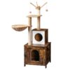 Arbre à chat avec bac à litière, Tour à chat en bois avec hamac pour chat, Meubles pour chats tout-en-un pour chats d’intérieur, Meubles de bac à litière pour chat cachés, Arbre à chat polyvalent, Brun rustique
