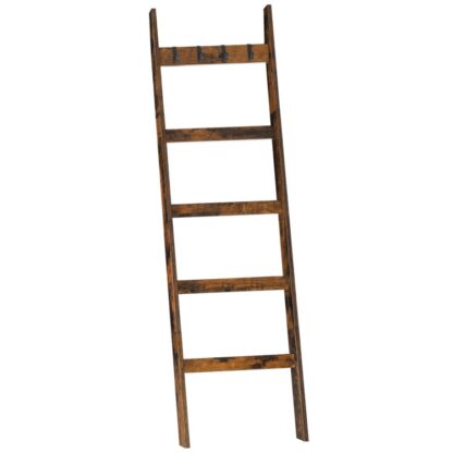 Hëlze Deckendirder Ladder Regal fir Wunnzëmmer, 5.2FT(63'' '), 5-Tier Handduch Rack mat Haken, Bauerenhaff dekorativen Decken Rack Holder, Buedzëmmer, Schlofkummer, Rustikal Braun a Schwaarz