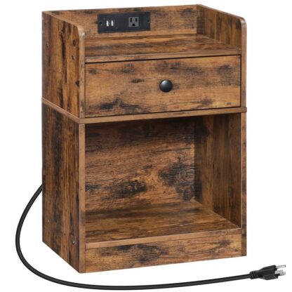 Table de nuit avec station de recharge, Table de bout avec tiroir et tablette ouvrante, Table de chevet avec ports et prises USB, Petit stand de nuit pour la chambre, Style simple, Brun rustique