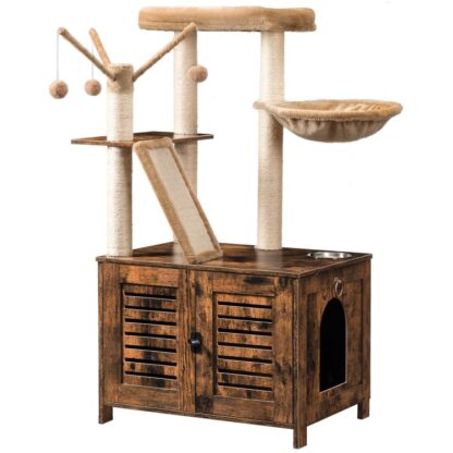 Torre de árbol de gato con recinto de caja de arena, condominio de gato de madera con postes de rascado, hamaca para gatos, muebles de caja de arena oculta, Villa de gato de interior todo en uno, marrón rústico