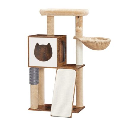 Kaz Bam fir Indoor Kazen, 44 Zoll Kaz Tower Wooden, Modern Kaz Condo mat Kaz kraazt Posts, Multi-Niveau Kaz spillen Haus mam Kaz Hammock, 2 top Staang, toy Bäll, rustikal brong