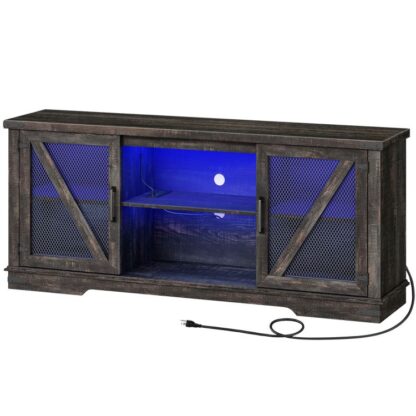 Meuble TV avec lumières LED et prises de courant, Meuble TV de ferme pour 75 Télévision en pouces, Centre de divertissement multimédia pour le salon, Table console TV, Meuble TV avec rangement, Chêne rustique foncé