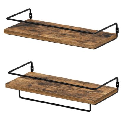 floating shelves, wall shelves set of 2, storage shelves with enclosure, decorative shelves with hanging rod, for living room, kitchen, bathroom, rustic brown and black