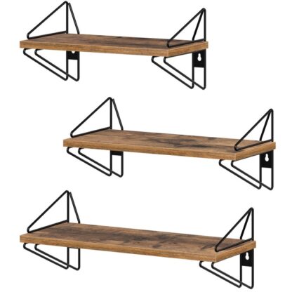 floating shelves, wall shelves, set of 3, wall mounted hanging shelf, decorative storage shelves, for living room, bedroom, hallway, kitchen, bathroom, rustic brown and black