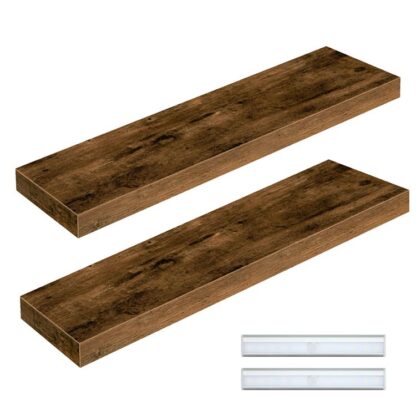 zwevende planken met verlichting, 31.5'' long wall shelves, houten muurplank set van 2, Wandgemonteerde display planken, Hanging planken voor woonkamer, slaapkamer, keuken, rustiek bruin
