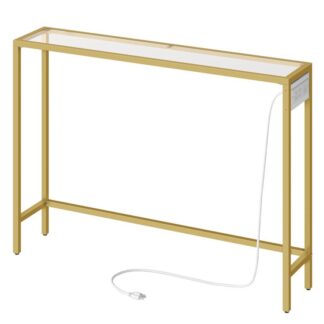 Konsolbord med 2 USB-porte og 2 Stikkontakter, Entrébord med ladestation, Sofabord af hærdet glas, Bag sofaen, Stue, Soveværelse, Guld