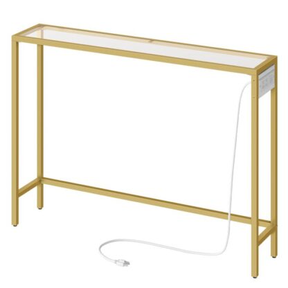 Konsolbord med 2 USB-porte og 2 Stikkontakter, Entrébord med ladestation, Sofabord af hærdet glas, Bag sofaen, Stue, Soveværelse, Guld