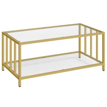glass salongbord, 2-Tiers glassbord med gylden stålramme, stuebord, Modern Simple Center Table, Enkel montering, Åpen oppbevaringshylle for stue, kontor, gyllen