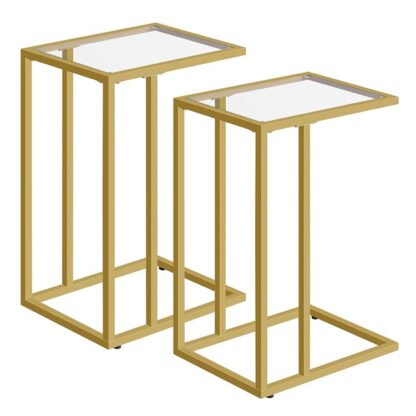 Ensemble de tables de bout en forme de C 2, Tables d'appoint snack en verre trempé avec cadre en métal, Tables de plateau TV pour petit espace, Canapé et lit, Style moderne, Or