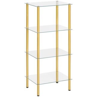 Glass Shelf, 4 Tier Standing Shelf Unit, Durable Glass Shelving Stand for Small Space, Space-Saving, for Bathroom, Bedroom, Home Office, Tempered Glass, Steel Frame, Gold
