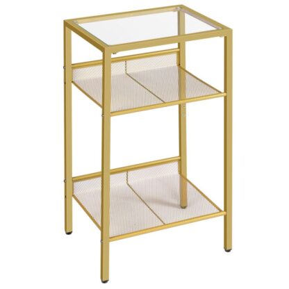 Tall End Table, Tempered Glass Telephone Table with Mesh Shelf, 3-Tier High and Narrow Side Table for Small Space, Sofa, Living Room, Bedroom, Easy Assembly, Modern Style, Gold