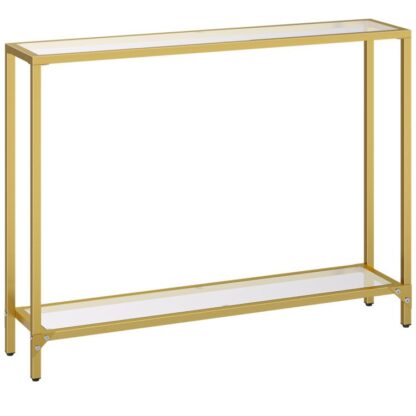 konzole, 2-stolní stůl konzoly úrovně, Slim Hallway stůl s 2 police, 100 x 22 x 80 cm, Tvrdená skleněná pohovka stůl, Moderní zobrazovací stůl pro obývací pokoj, malý prostor, zlato