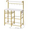 bakers rack with power outlet, tempered glass microwave stand with mesh basket, coffee station with 4 s-shaped hooks, for kitchen, living room, coffee bar station, gold and white