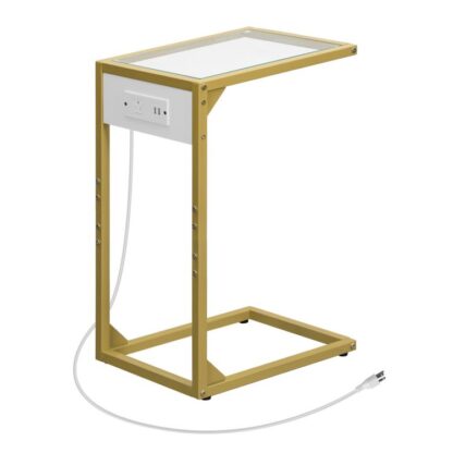 C -formet slutbord med opladningsstation, tempereret glasbord sofa bord med metalramme, Snack sidebord til lille plads, stue, soveværelse, TV -bakkebord, guld
