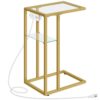 C Shaped End Table with Charging Station, Tempered Glass Sofa Couch Side Table with Metal Frame, C Snack Table for Small Spaces, Living Room, Bedroom, Dorm, Modern Style, Gold