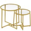 Set di tavolini da caffè piccoli 2, Tavolino dorato con piano in vetro, Tavolino rotondo con struttura in metallo, Stile moderno, per soggiorno, Camera da letto, Oro