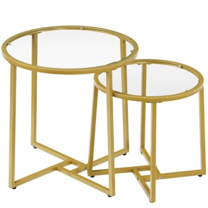 Ensemble de petites tables basses de 2, Table de bout dorée avec plateau en verre, Table d'appoint ronde avec structure en métal, Style moderne, pour le salon, Chambre à coucher, Or