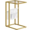 C -formet sidebord, Guld sidebord, Tempereret glas slutbord med stofopbevaringsholder, Lille kaffesnack -bord til små rum, Stue, Sengebord, Metalramme, Guld