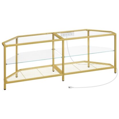 TV Stand mam Stroum Outlet fir Fernseh bis zu 60 ", modern 55 Zoll Eck TV Console Dësch mat oppene Regaler, temperéiert Glas Media Entertainment Center fir Wunnzëmmer, Schlofkummer, Gold