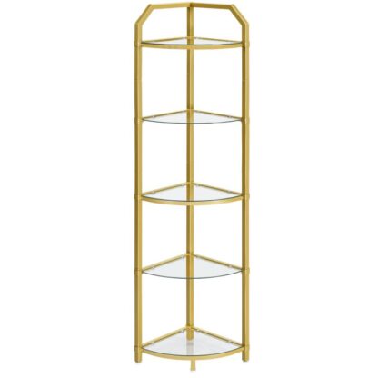 5-Tierschelfständer, Gold Corner -Bücherregal, Temperierte Glasregale, Eckpflanzständer, für Wohnzimmer, Schlafzimmer, Studie, Badezimmer, Balkon, Moderner Stil, Gold