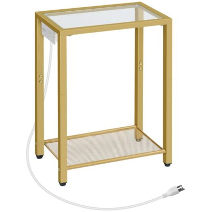 Mesa Final, Mesa lateral com estação de carregamento, 2-Mesa de cabeceira de nível com prateleiras de armazenamento, Mesa de cabeceira para espaço pequeno, Mesa Telefônica, Mesa de centro moderna, Vidro temperado, Sala de estar, Ouro