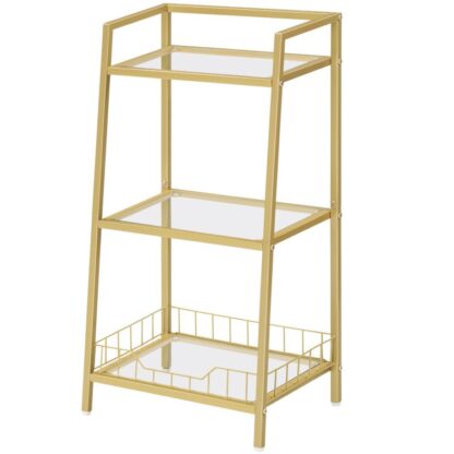 Libreria dorata, 3-Libreria in vetro temperato a più livelli, Supporto per il bagno, Rack per la conservazione dei dischi con protezioni laterali, Forte e durevole, per il bagno, Camera da letto, Soggiorno in stile moderno, Oro