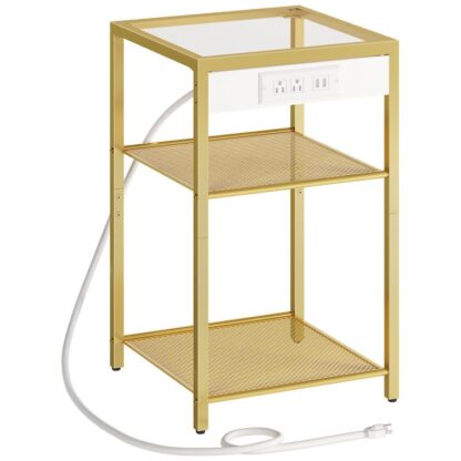 Bijzettafel met laadstation, 3-Laag slank nachtkastje met opbergplanken, Bijzettafel met USB-poorten & Stopcontacten, Gehard glas, Moderne stijl, voor Woonkamer, Slaapkamer, Goud