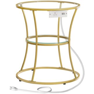Runde sidebord med opladningsstation, Hærmet glas rundt slutbord med 2 Hylder, Guld sofabord med metalramme til lille plads, Sofa sofa og seng, Nem montering, Guld