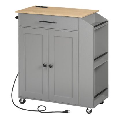 Isola da cucina grigia e naturale con punto vendita, Isola portaoggetti da cucina con portaspezie e cassetto, Carrello da cucina scorrevole su ruote, per Casa, Cucina e sala da pranzo
