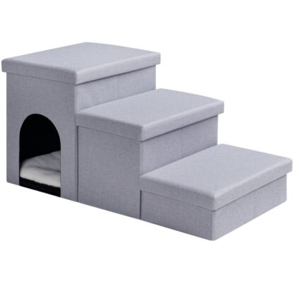 Hundtrapper med lagring, Sammenleggbare hundetrinn for høy seng eller sofa, 29.2" L x 15.8" W x 15" H, Pet Stairs med Pet House, for små hunder, Hold opp til 150 lbs, 3 Trinn, Grå