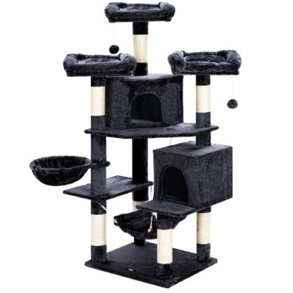 tall cat condo tree, multi-level cat activity tree with 2 plush condos, sisal scratching posts, hammock, basket for large cat, stable cat tower with anti-toppling kit, smoky gray