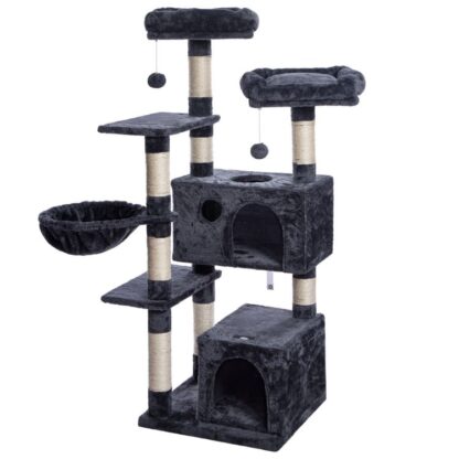 πύργος γάτας, 57 ίντσα γάτα με 2 Plush Condos και Sisal Scratching Post, έπιπλα γάτας για γατάκι και κατοικίδιο ζώο, Απελευθερώστε τη φύση της γάτας, Σταθερό σπίτι με κιτ κατά της όψης, καπνιστός γκρι