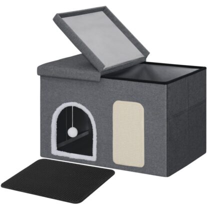 Kattenbakbehuizing, Kattenbakmeubel met krabplank, Verborgen kattenbakmeubel met opvouwbare hoes en kattenspeeltje, Waterdicht, Eenvoudige montage, Grijs