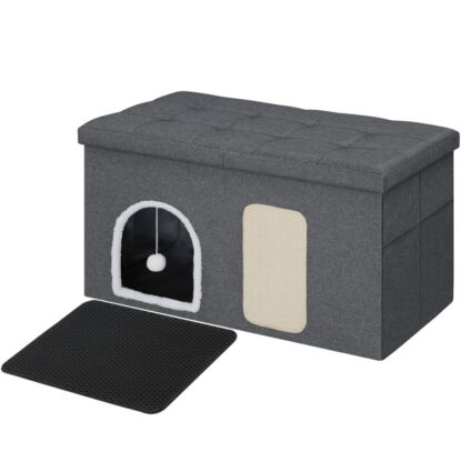 Katzentoilette-Gehäuse, 35.4" Versteckte Katzentoilette, Katzentoilettenmöbel mit Katzenmatte, Inklusive Kratzbrett und Katzenspielzeug, Wasserdicht, Einfache Montage, Grau