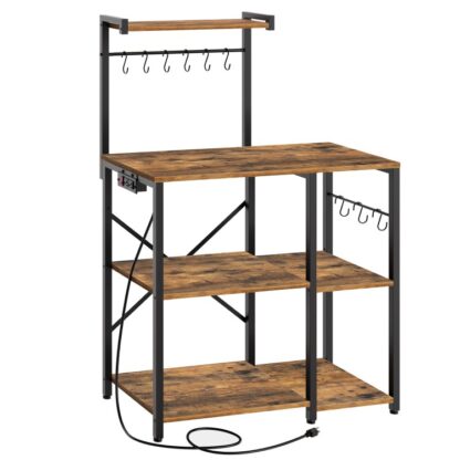 Bakers Rack mit Power Outlets, Kaffee Bar, 4-Tier -Mikrowellenständer mit 9 S-förmige Haken, Aufbewahrungsregal für die Küche, Küchenregal, für Küche, Esszimmer, Wohnzimmer, rustikales Braun