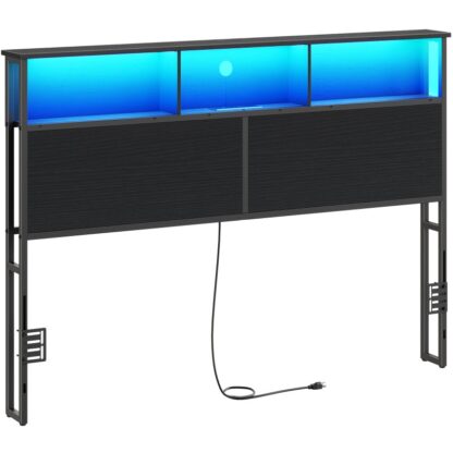 Headboard Méid na Banríona, Ceannchlár le 2 Stáisiún muirir, Soilse LED, Cineál-A agus Cineál C., Headboard tionsclaíoch le stóráil, Airde Inchoigeartaithe, Dubh