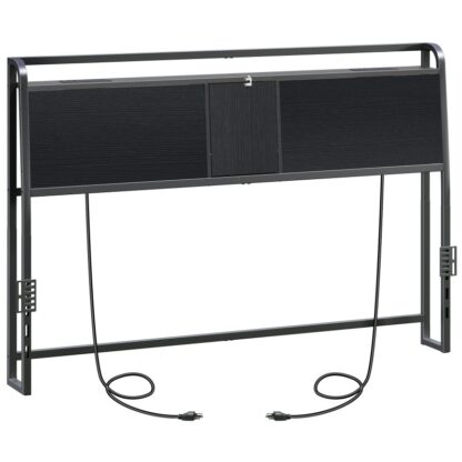 Sengegavl Queen Size, Hovedgærde med 4 Outlets og 4 USB-porte, Industriel hovedgærde med flip dør- og sengestammeadapter, Højdejusterbar, Sort