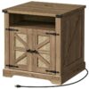 Farmhouse slutbord med opladningsstation, Vend top stort slutbord, 24" Stor sofa sidebord med rotting stalddør, Firkantet natbord med åben opbevaring, til stuen, Tan Brown