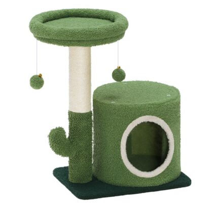 kaktus kočičí strom, malá kočičí věž pro vnitřní kočky, Roztomilý strom kočky pro koťata pod 8 lb, Green Cat Condo s poškrábáním kočky, Kočičí dům s visícími zvoničními koulemi, jarní zelená
