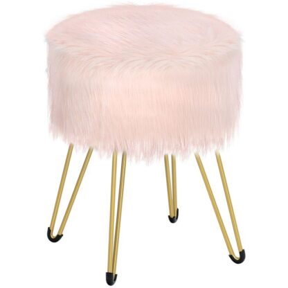 pink fluffy dressing table stool, ottoman with storage, fluffy vanity stool, round footstool, multifunctional side table, sponge cushion, metal legs, for living room and bedroom, pink and gold