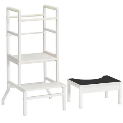 Kinder-Küchen-Tritthocker mit Sicherheitsgeländer und Toilettenhocker, 2-in-1 Küchenhocker für Kleinkinder, Stehturm und Tritthocker für Kinder, Lernhilfe für Kleinkinder 18+ Monat, Weiß