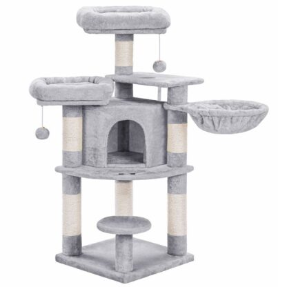 cat tree, cat tower with scratching posts and plush condo cat furniture for small spaces, multi-level stand house activity tower with basket, stable and sturdy, light gray